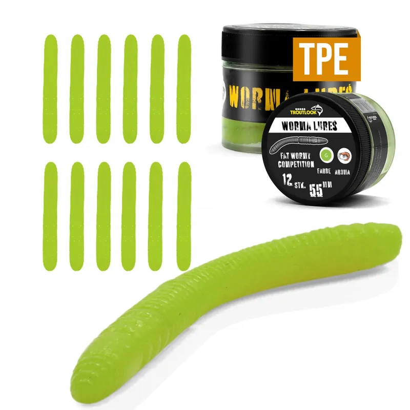 Troutlook Worma Lures - Fat Wormy Competition - Forellengummi Farbe: Kiwi Green | Aroma: Krill Neuheit
