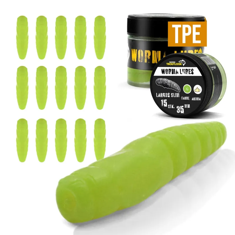 Neu Im Sortiment Troutlook Worma Lures - Largos Slim - Forellengummi Farbe: Kiwi Green | Aroma: Garlic/Knoblauch